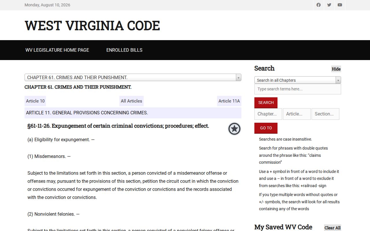 Mason criminal record expungement law in West Virginia
