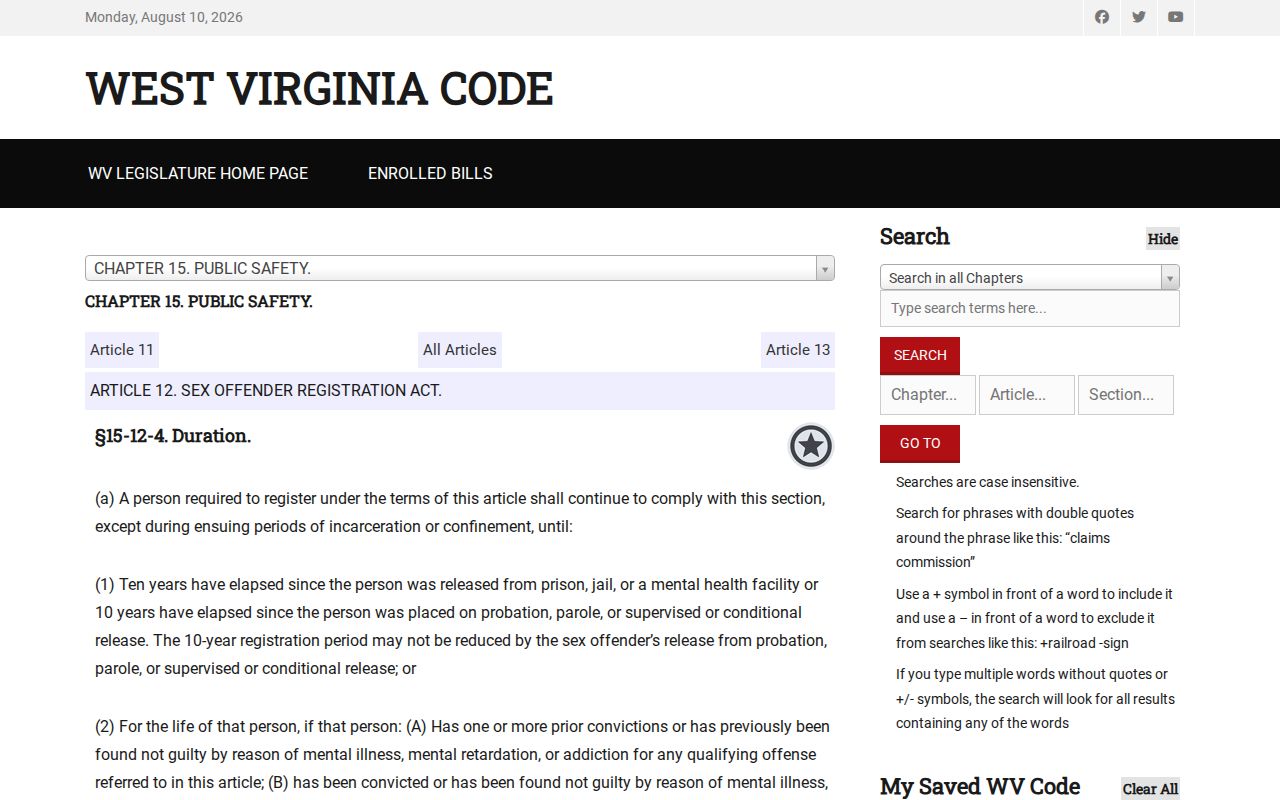 West Virginia registration duration law for Mason County sex offender records